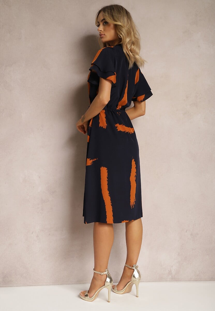 Rochie bleumarin tip cutie cu model decorativ și șnur în talie Sidna 3