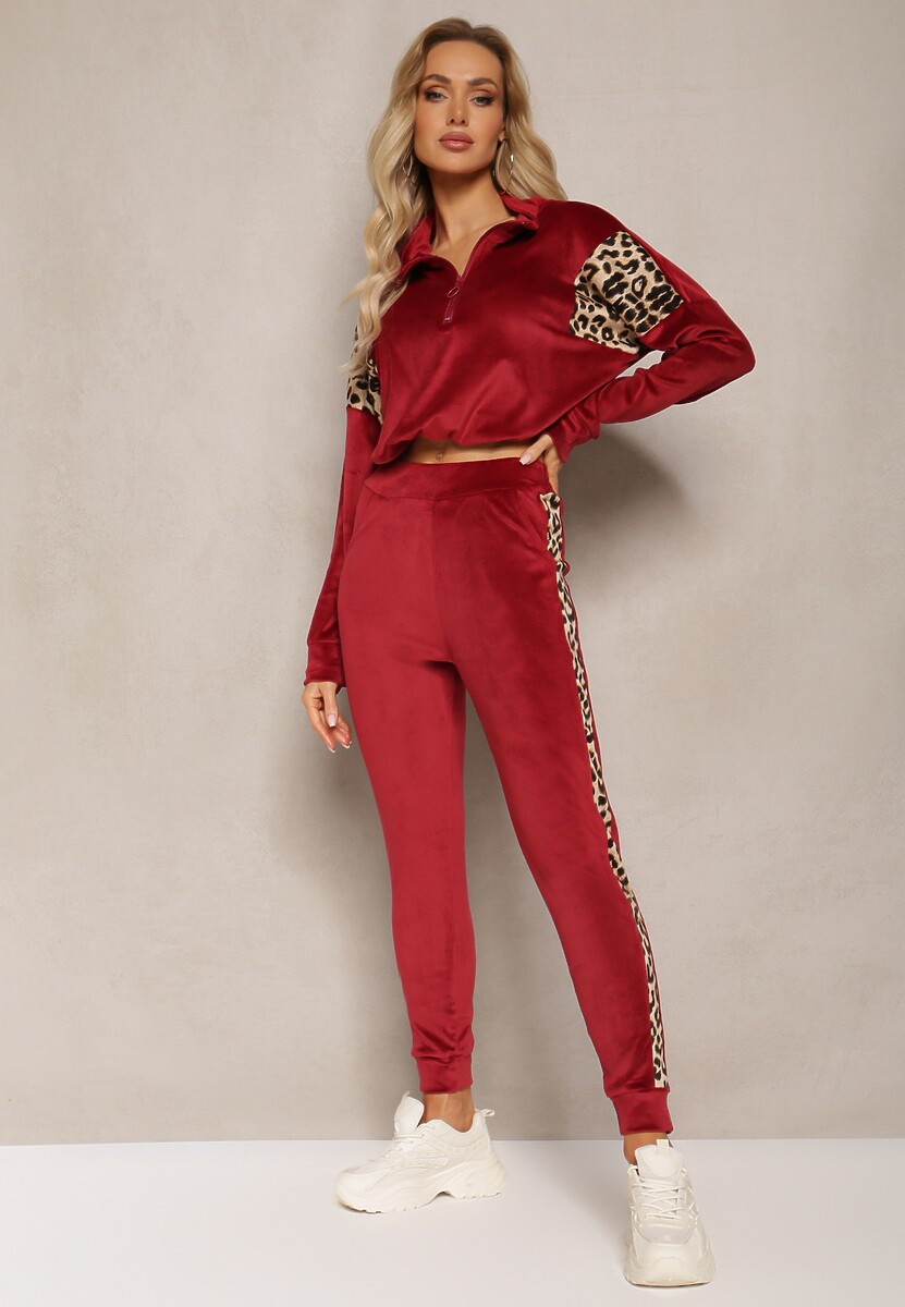Bordowy Komplet Dresowy z Weluru z Krótką Bluzą i Spodniami Joggerami z Panterkowym Wzorem Limitta 1