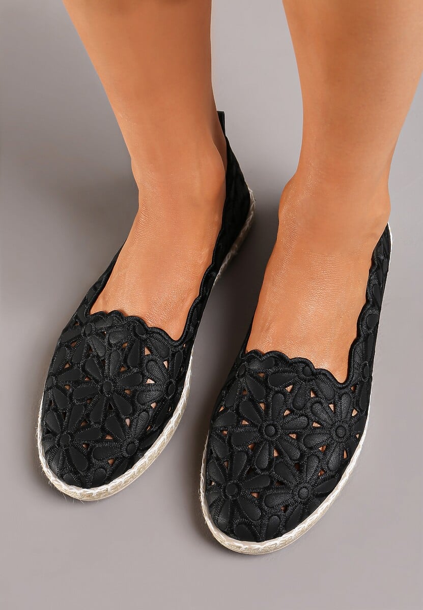 Espadrile Negre cu Talpă Împletită și Față Florală Liliac 2