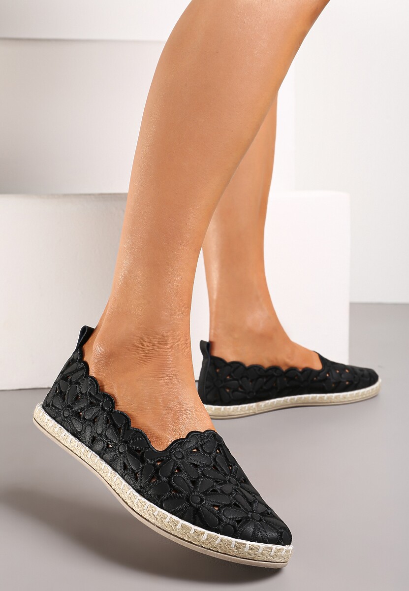 Espadrile Negre cu Talpă Împletită și Față Florală Liliac 3