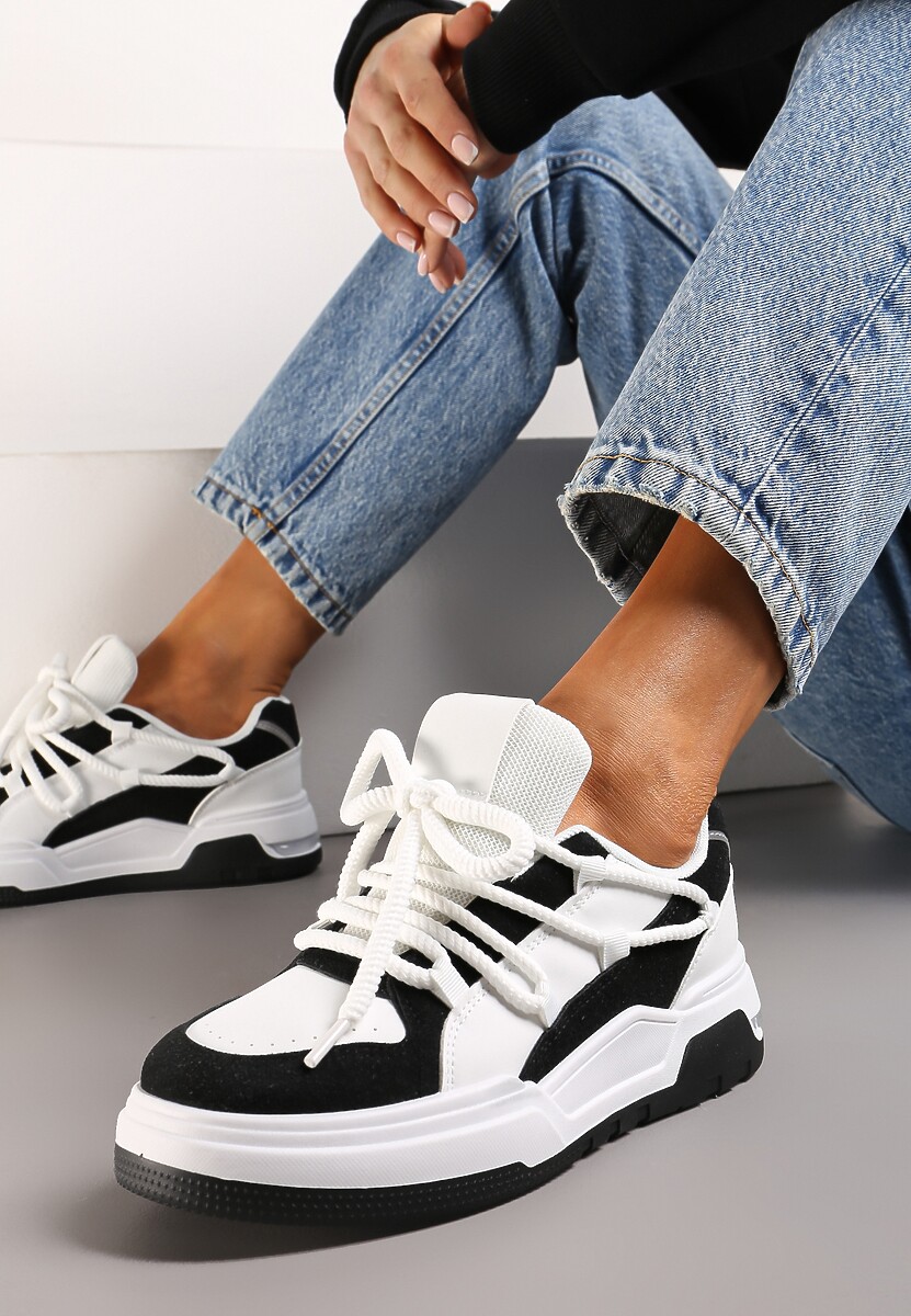 Sneakerși Alb-Negri cu Șireturi Late Decorative Naale 1