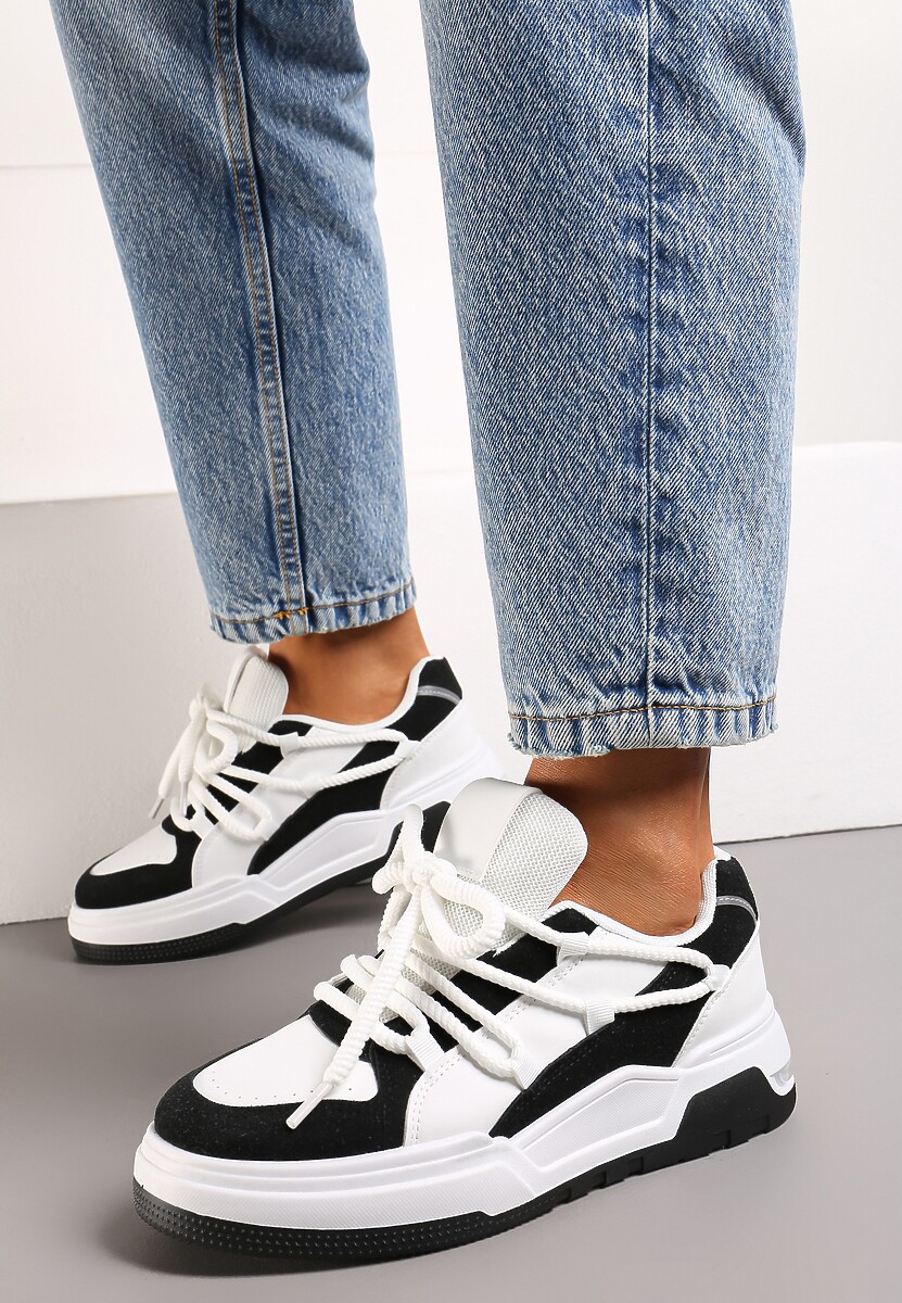 Sneakerși Alb-Negri cu Șireturi Late Decorative Naale 2