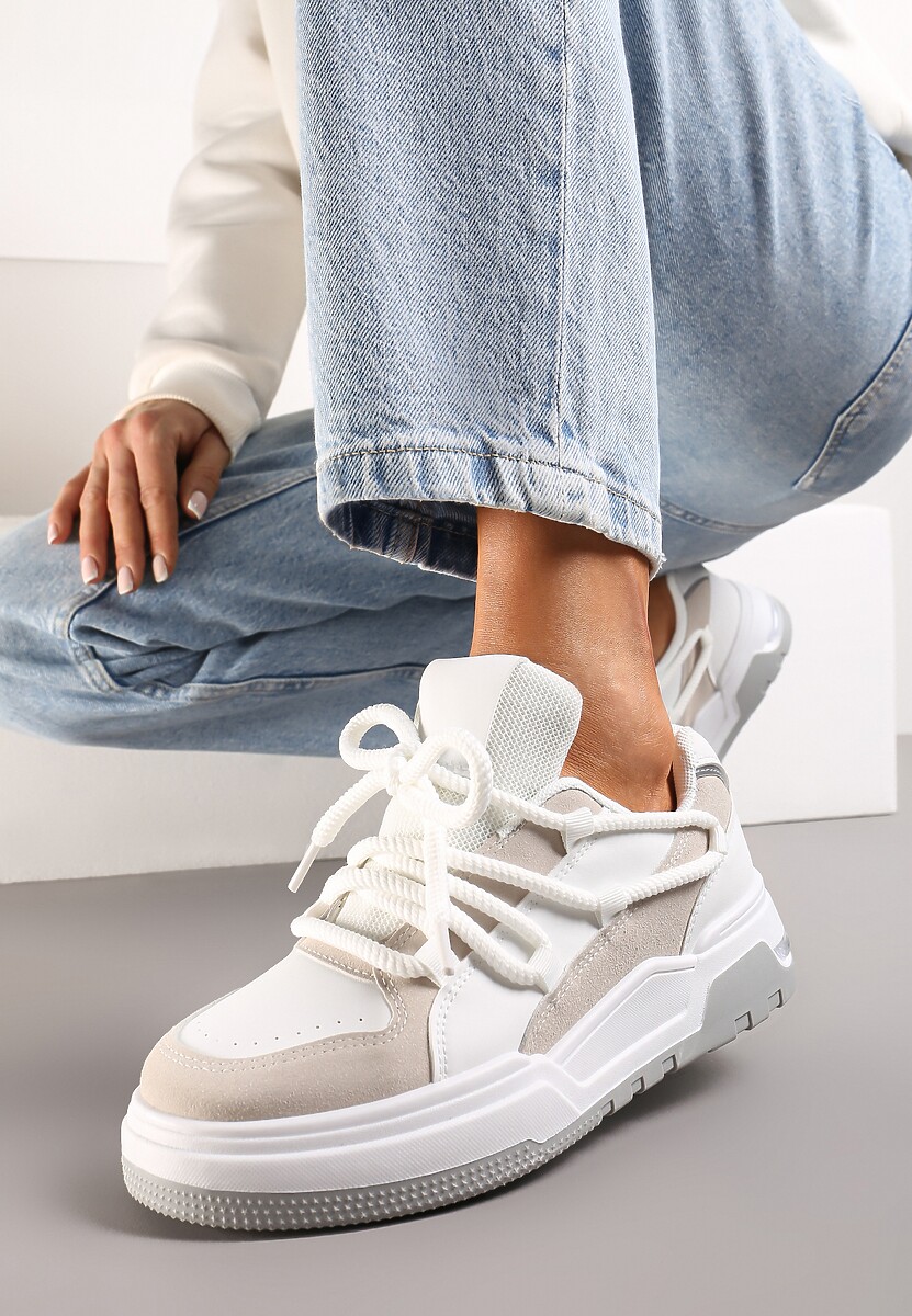 Sneakers Albi-Bej cu Șireturi Lăți Decorative Naale 1