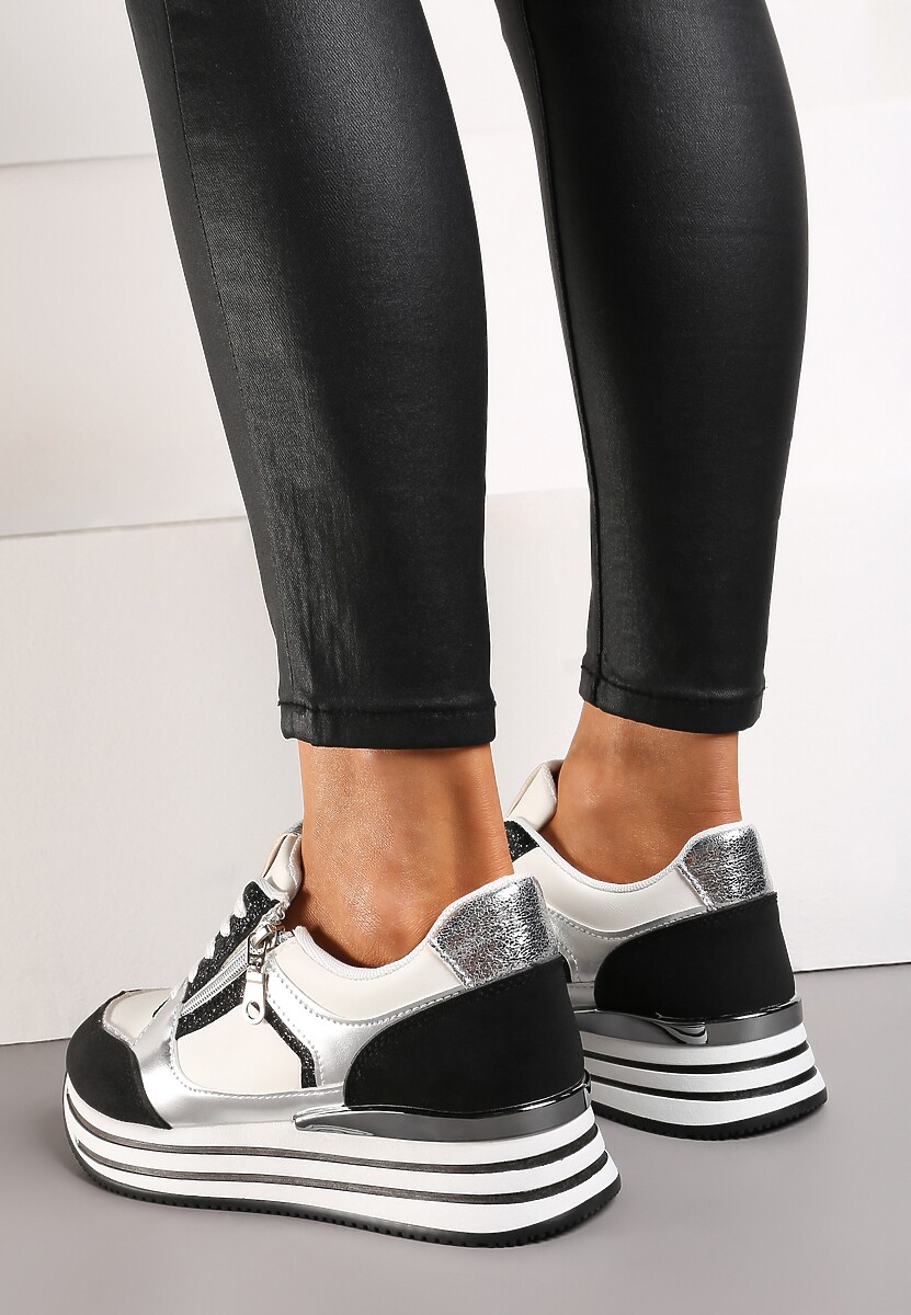 Sneakers Negru-Alb cu Inserții Sclipitoare și Fermoar Scurt Naiwra 3