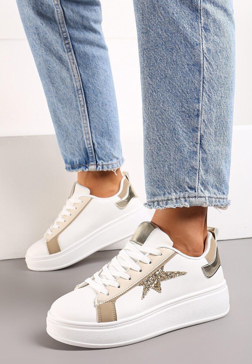 Sneakerși Albi-Bej pe Platformă Decorați cu Steluță cu Sclipici Nislemia 2