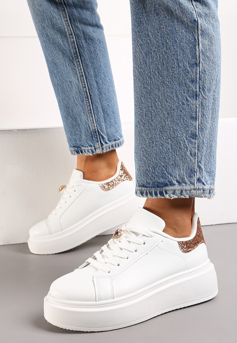 Sneakers Albi-Șampanie cu Inserție Sclipitoare și Pietre Strass la Șireturi Wineta 2