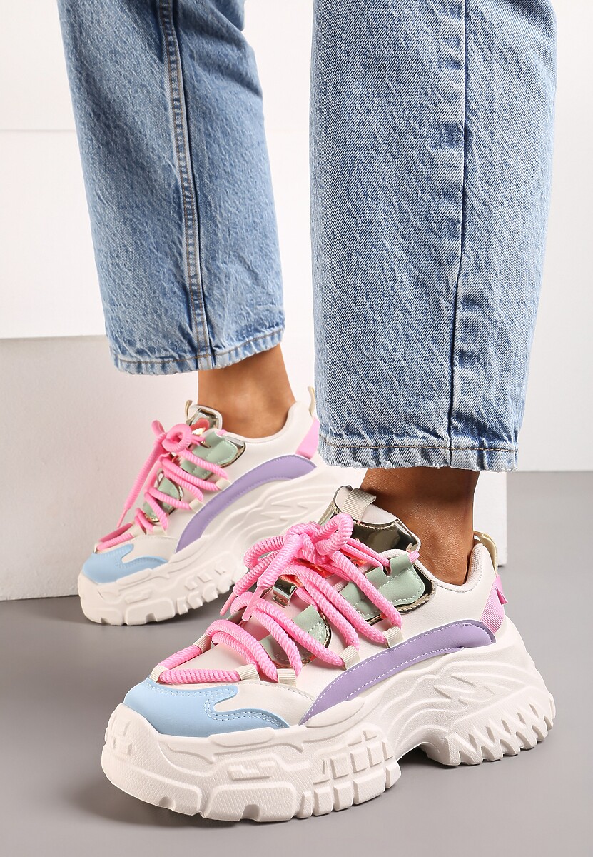 Sneakers Alb-Roz cu Sireturi Groase pe Platformă Joasă Lasandre 3