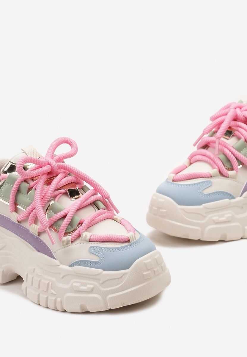 Sneakers Alb-Roz cu Șireturi Groase pe Platformă Joasă Lasandre