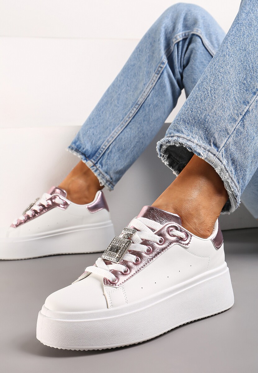 Sneakers Albi-Roz cu Pandantiv Metalic cu Pietre Strass pe Șireturi Edosa 1