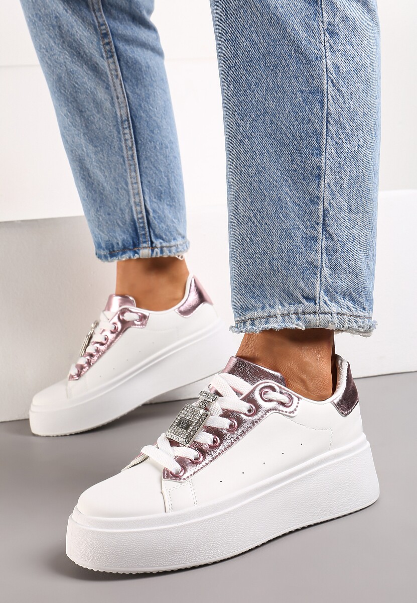 Sneakers Albi-Roz cu Pandantiv Metalic cu Pietre Strass pe Șireturi Edosa 2