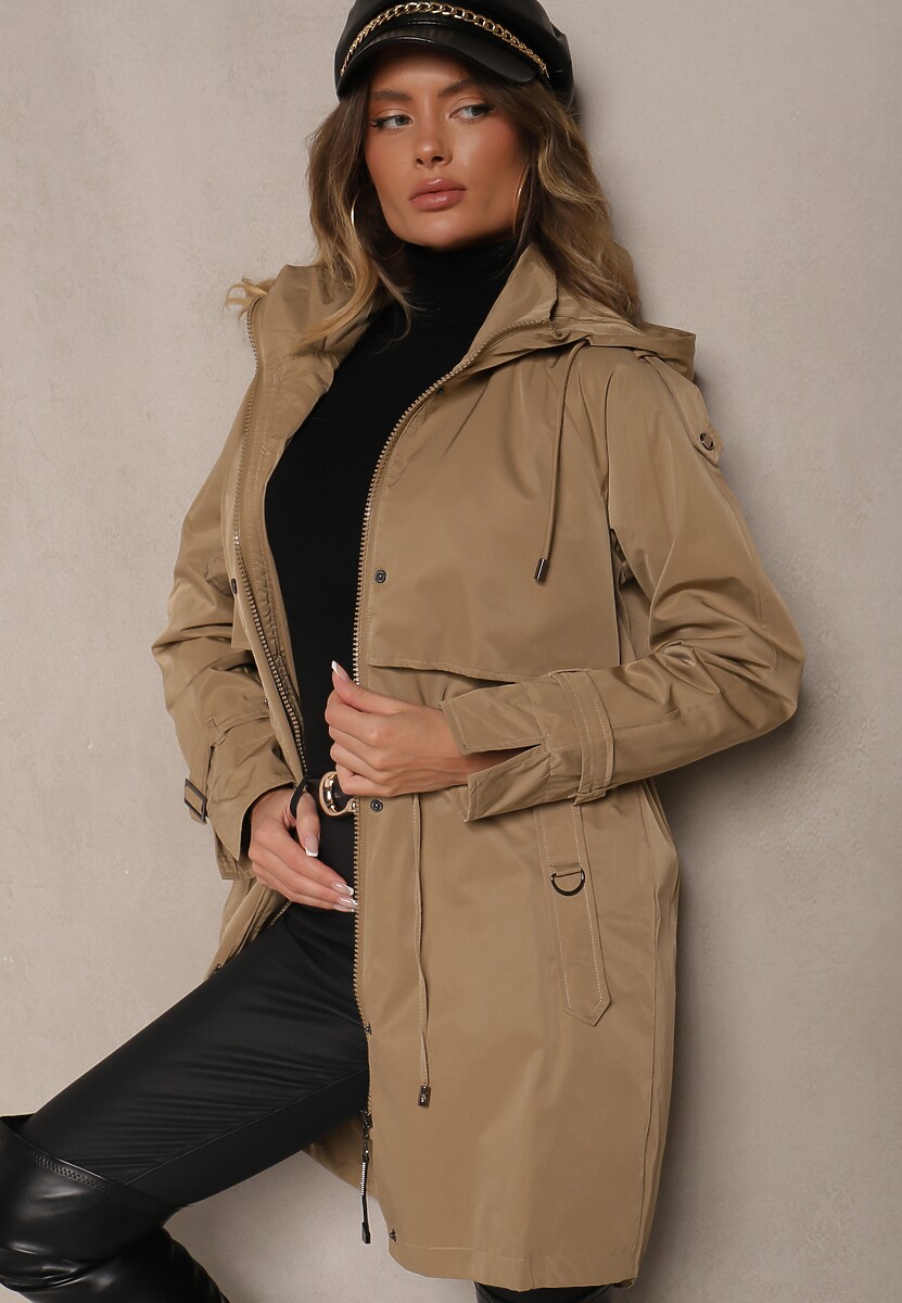 Ciemnobeżowy Płaszcz Kurtka Parka  z Kapturem i Ściągaczem w Talii Verfia 3
