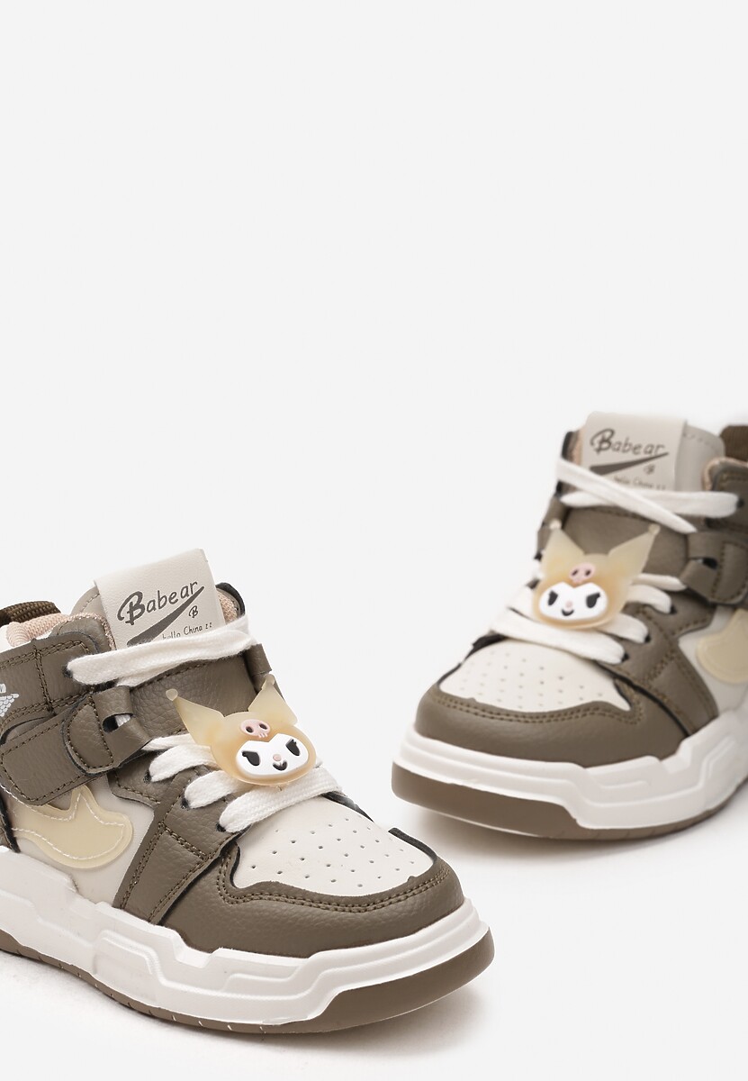 Beżowo-Zielone Buty Sportowe Sneakersy za Kostkę z Tłoczoną Podeszwą i Ozdobną Aplikacją Seriale 3