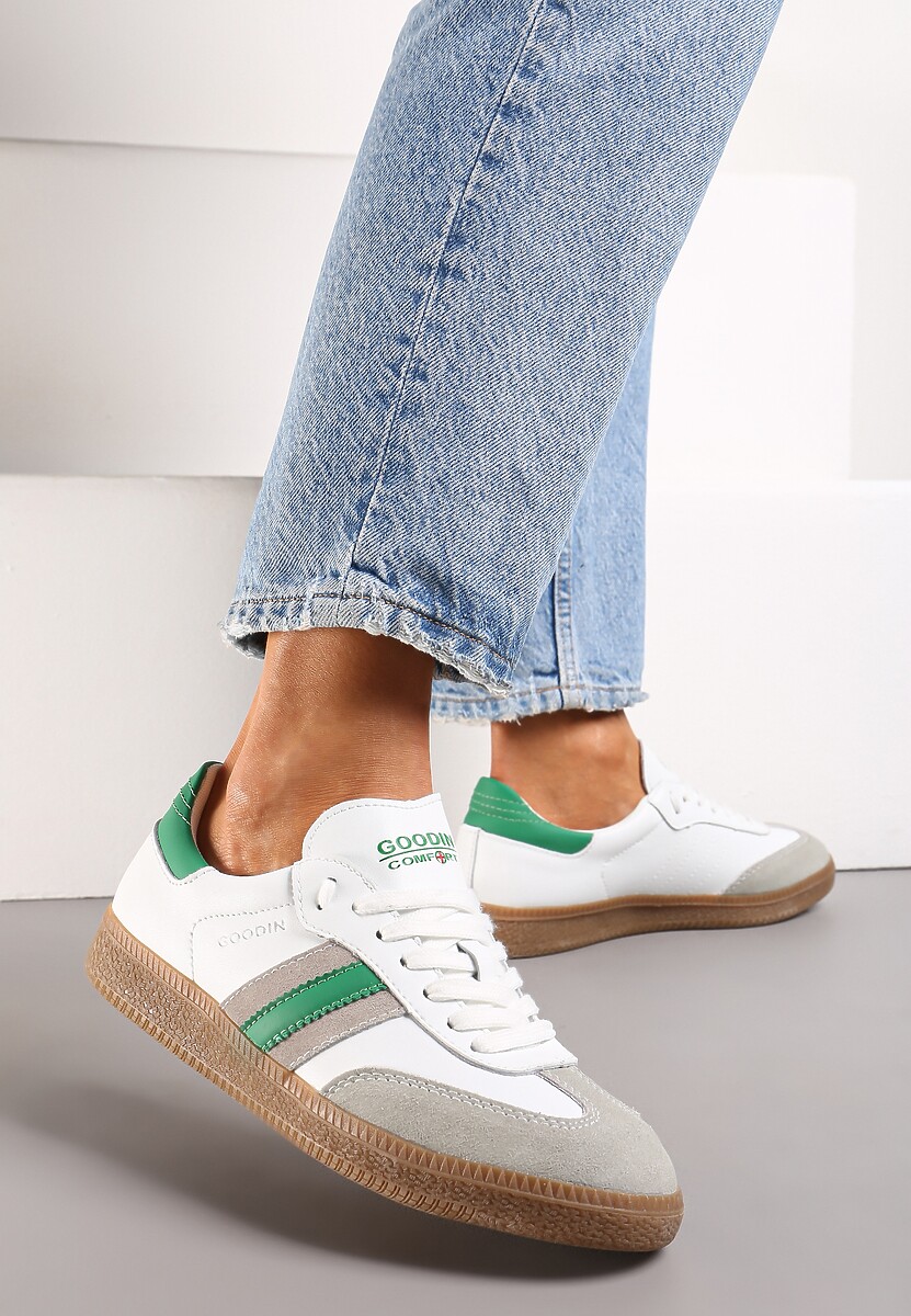 Biało-Zielone Skórzane Sneakersy z Paskami po Bokach Recinea 2
