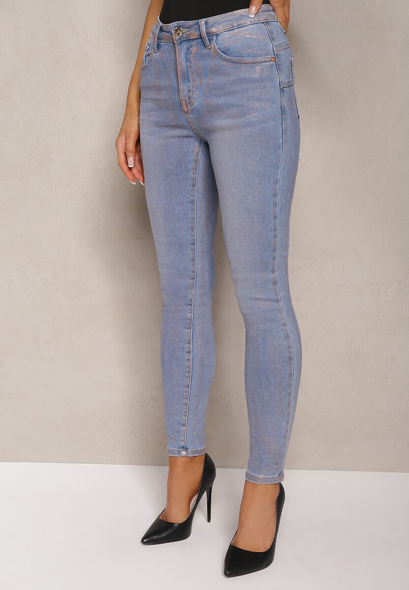 Blugi Albaștri Skinny cu Decolorări din Vopsea Aurie Tilacema 1