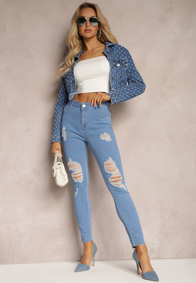 Niebieskie Jeansy Skinny Push-Up z Przetarciami z Przodu i Suwakiem Randda 3