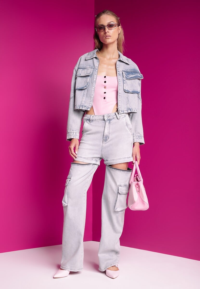 Niebieska Jeansowa Kurtka Oversize Cropped z Bawełny Tevissa 2