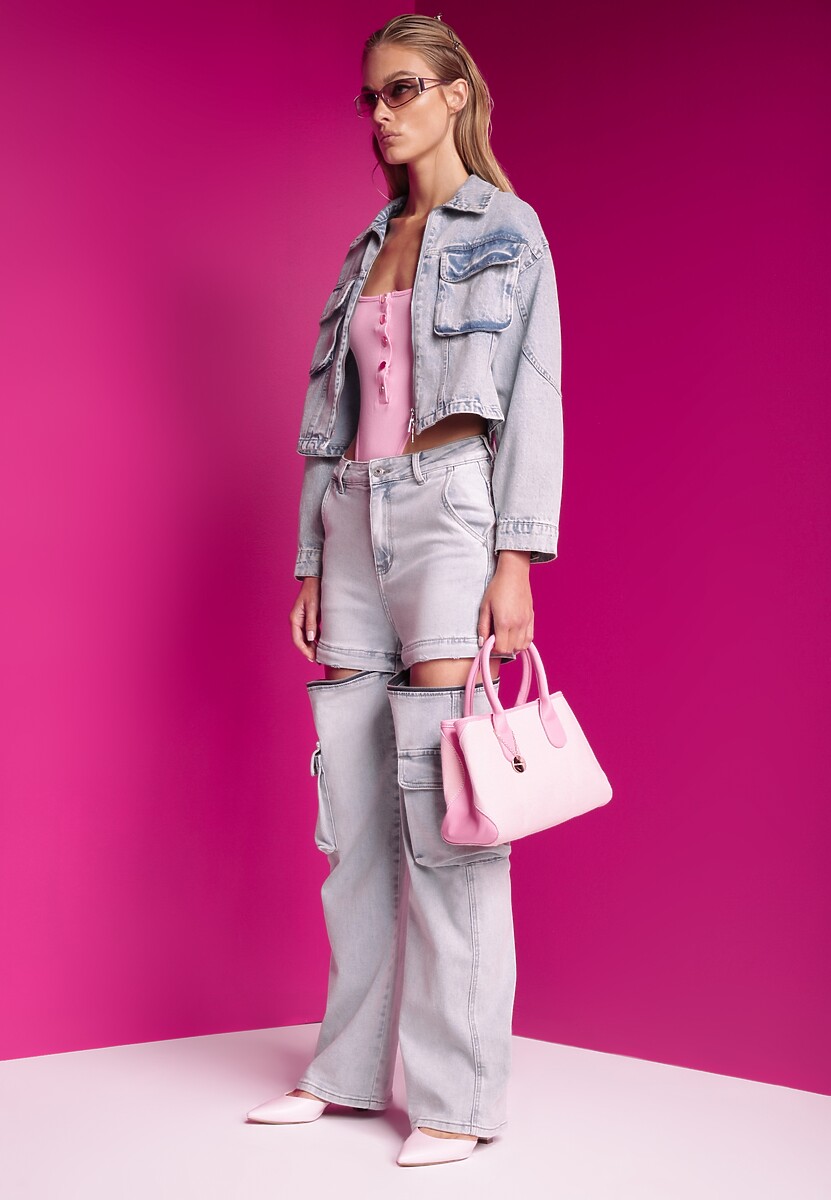 Niebieska Jeansowa Kurtka Oversize Cropped z Bawełny Tevissa 3