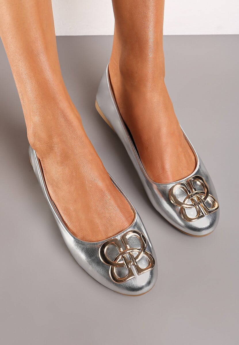 Balerini Argintii Clasici Slip-on cu Ornament Auriu din Metal Tarins 1