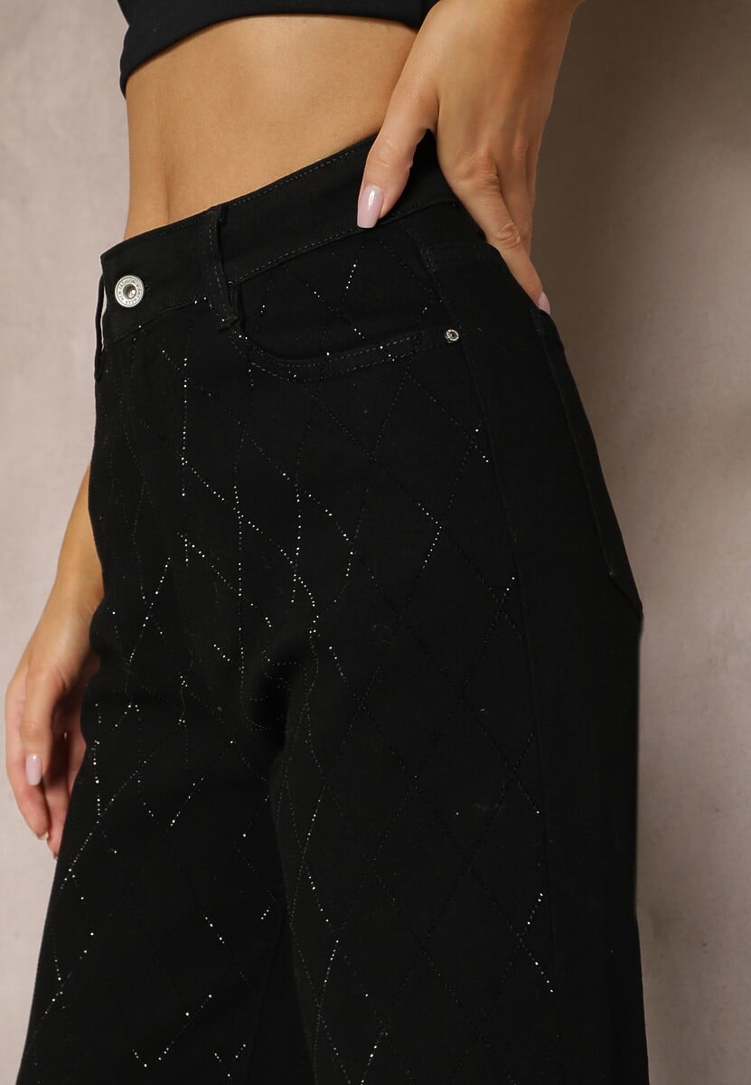 Blugi largi negri cu model de romburi cu sclipici în față Alerive