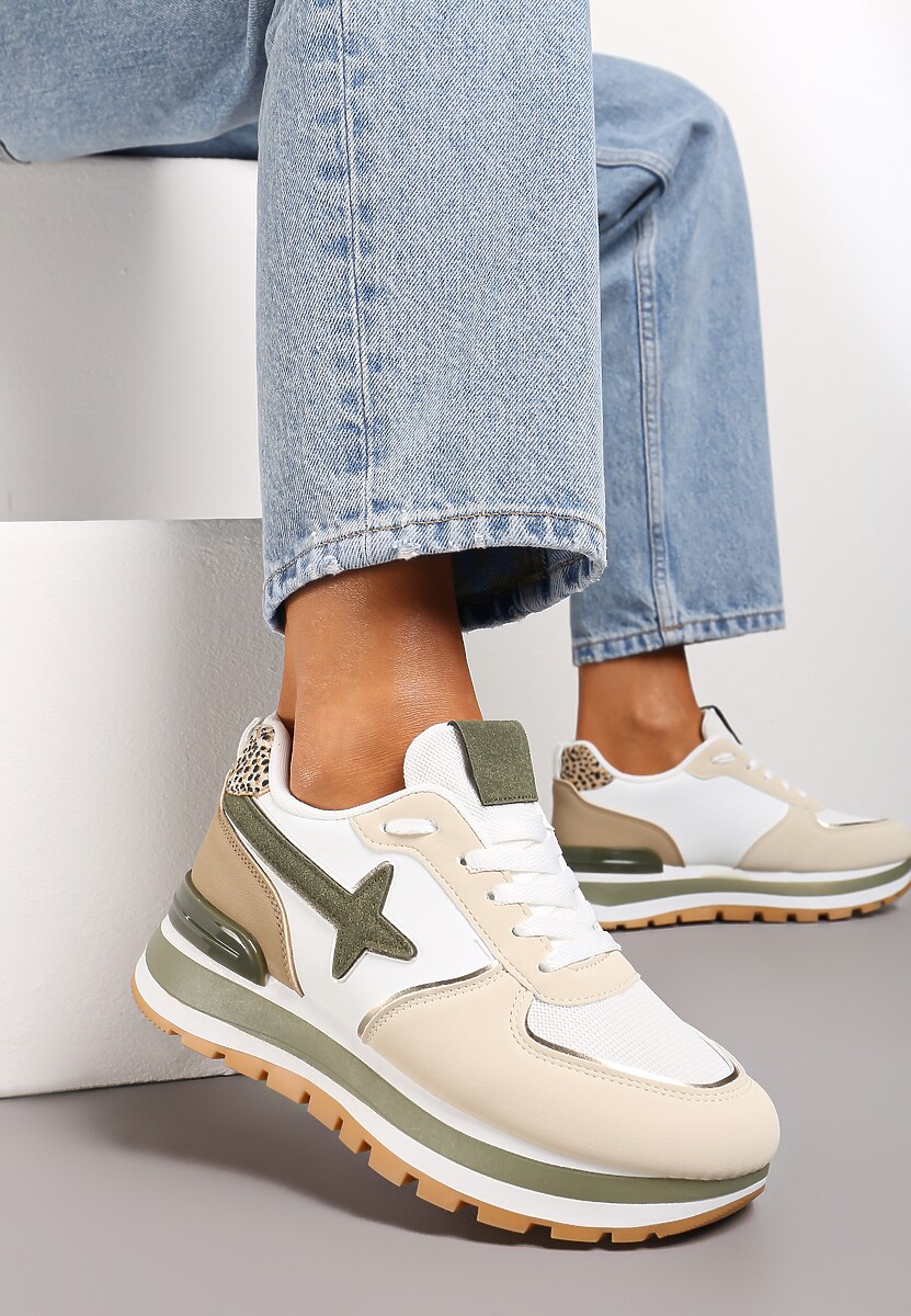 Sneakers bej-verzi pe platformă joasă cu inserții decorative pe partea superioară Suno 3