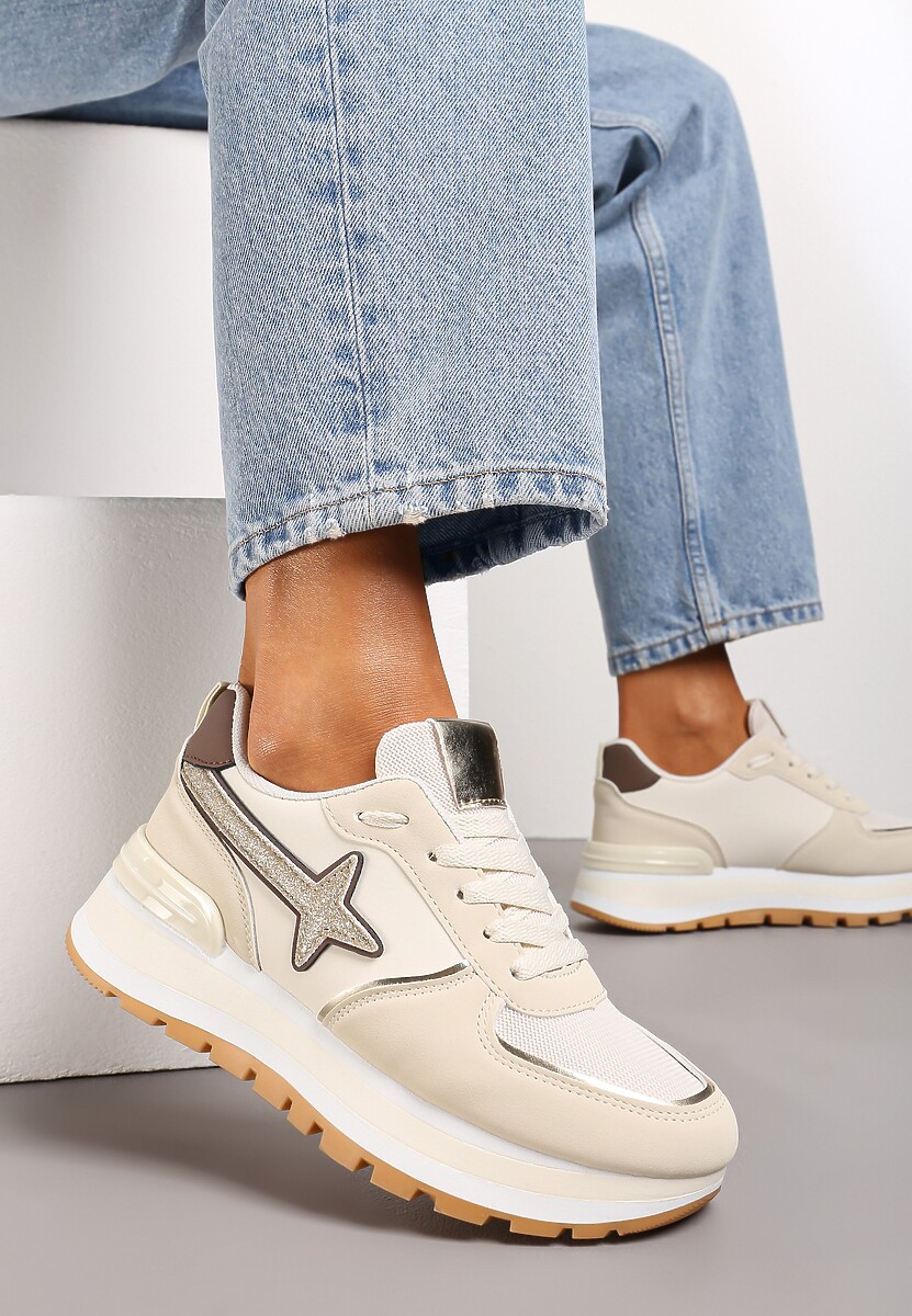Sneakerși bej cu platformă joasă și inserții decorative pe partea superioară Suno 1