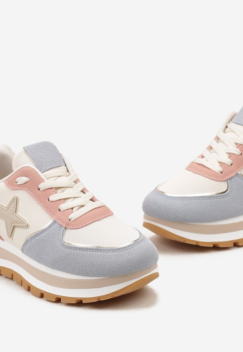 SUNAO Niebiesko-Różowe Sneakersy na Niskiej Platformie z Ozdobnymi