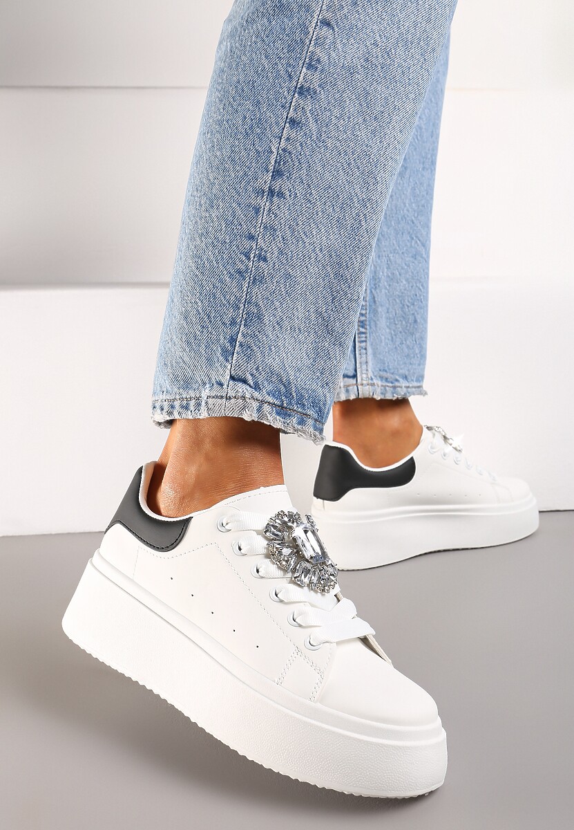 Sneakerși Alb-Negru cu Talpă Groasă și Aplicație Decorativă cu Pietre Danthia 3