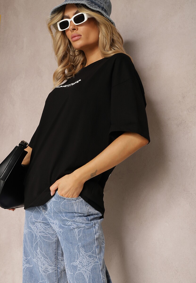 Czarna Koszulka T-shirt z Napisem z Przodu i Nadrukiem na Plecach Calussa 2