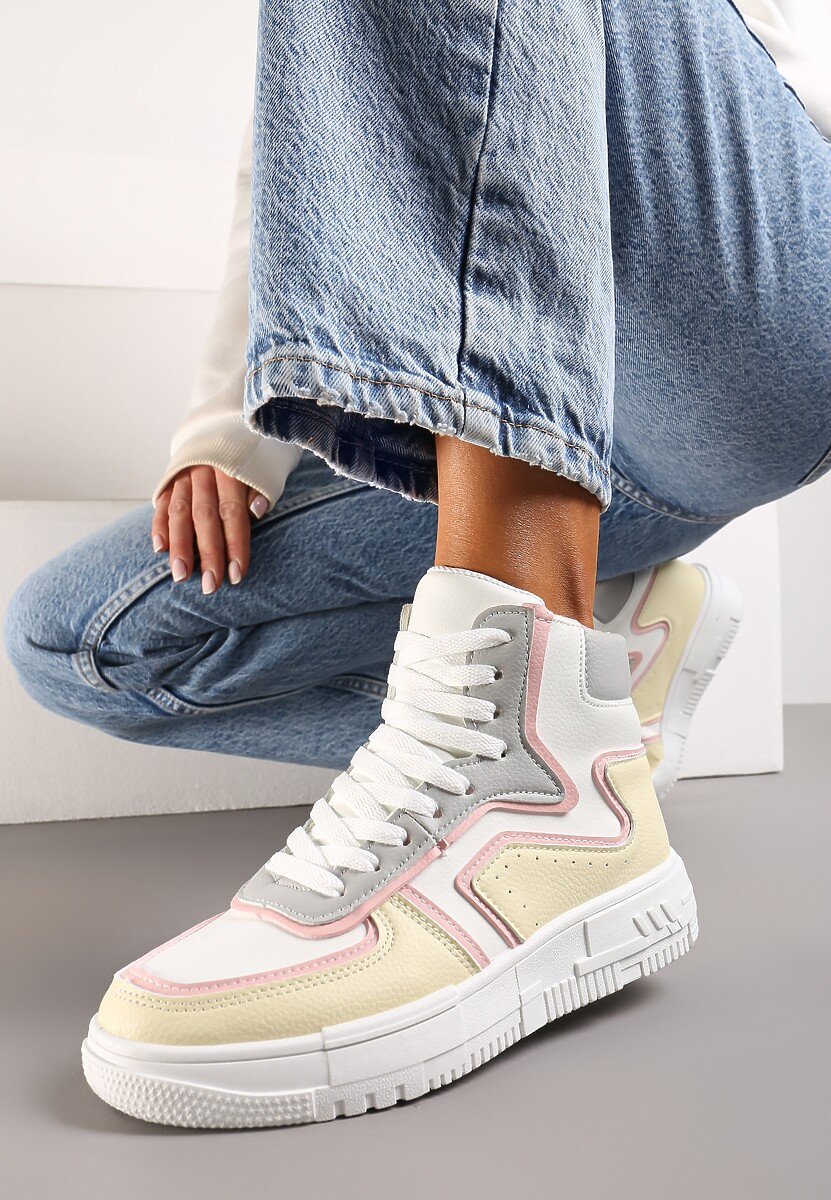 Biało-Żółte Sznurowane Sneakersy na Niskiej Platformie z Cholewką za Kostkę Ascaride 1