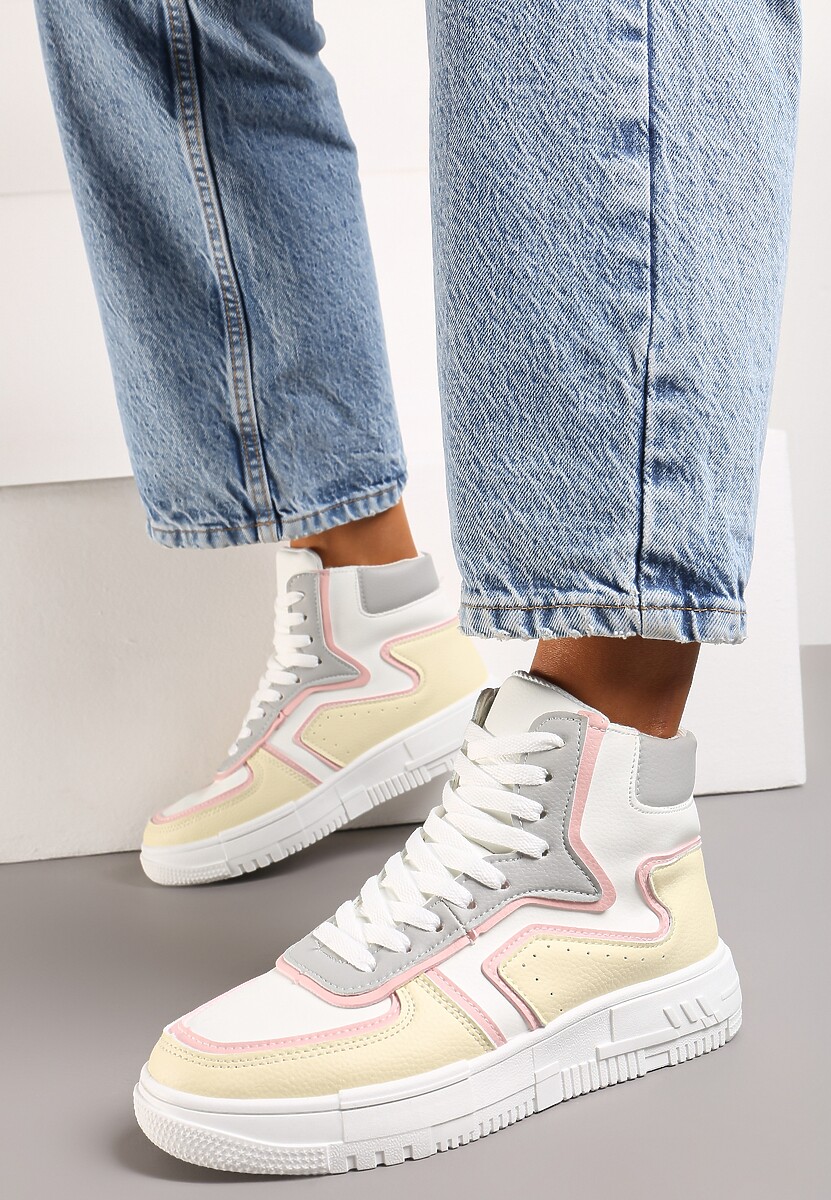 Biało-Żółte Sznurowane Sneakersy na Niskiej Platformie z Cholewką za Kostkę Ascaride 3
