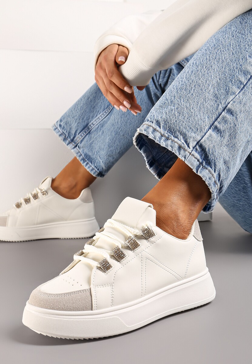 Sneakers Bej cu Șiret din Piele Ecologică pe Talpă Groasă cu Zirconiu Decorativ Nevarra 1