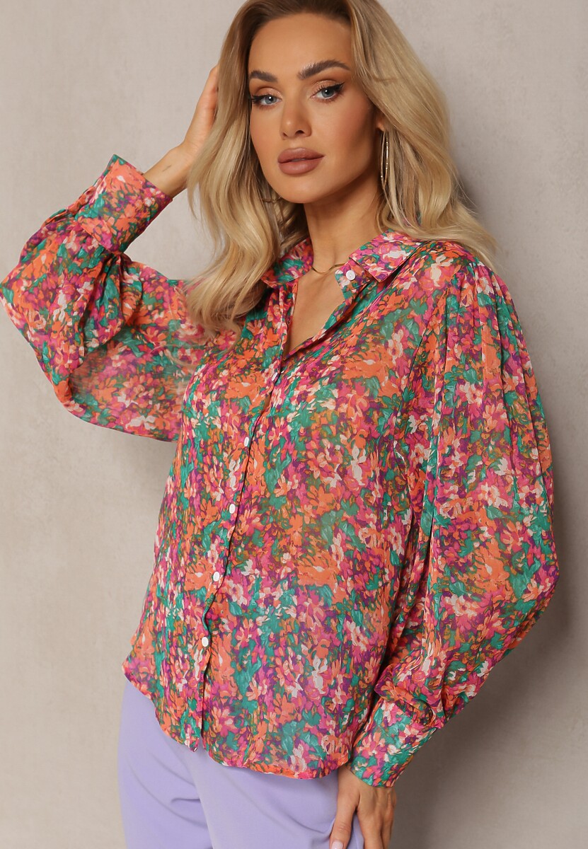 Różowo-Zielona Koszula z Bufiastymi Rękawami z Kwiatowym Printem Paedria 1