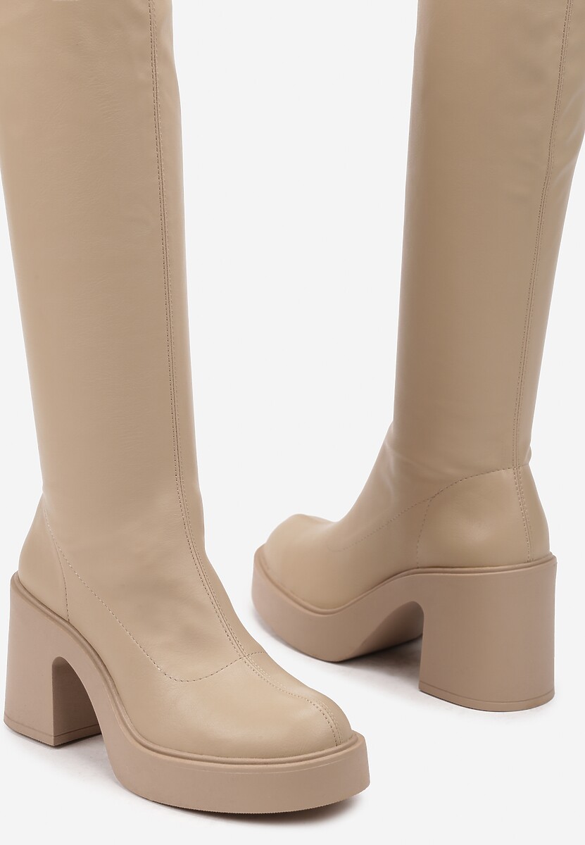 ❀kazu❀ Beżowe Kozaki na Platformie i Słupku z Dopasowaną Cholewką Astila