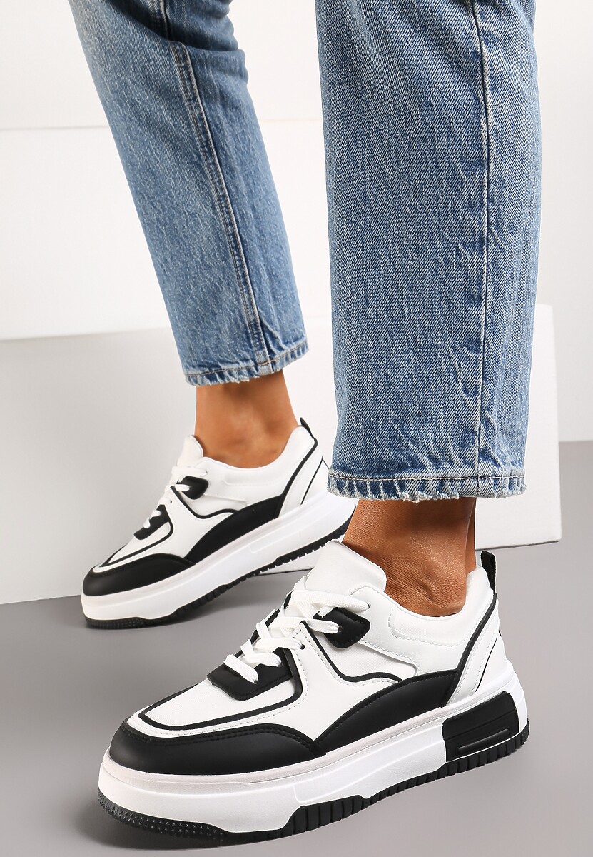 Sneakers Negru-Alb cu Șiret din Imitație de Piele cu Barete Decorative și Talpă Groasă Miobe 1
