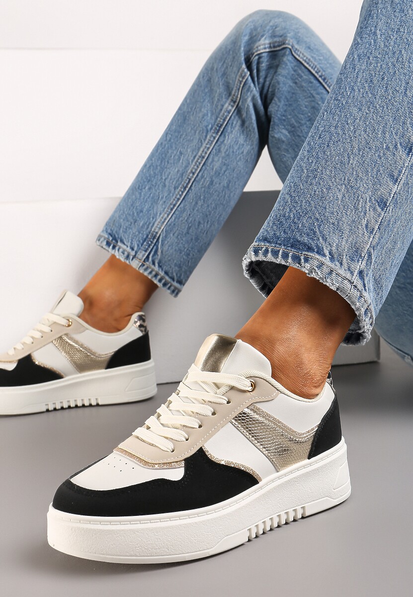 Beżowo-Czarne Sneakersy na Platformie z Brokatowymi Akcentami Sellona 1