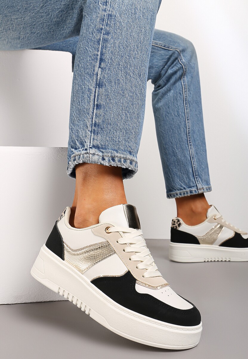 Beżowo-Czarne Sneakersy na Platformie z Brokatowymi Akcentami Sellona 3