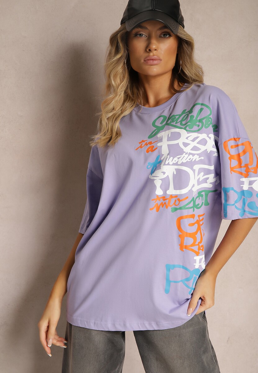Fioletowa Koszulka T-shirt z Napisami w Stylu Graffiti z Bawełny Venoma 1