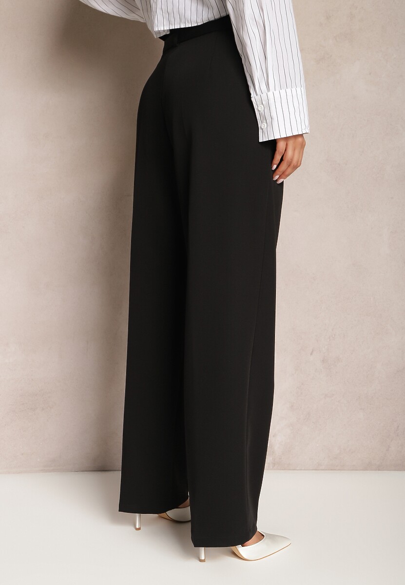 Pantaloni negri High Waist stil costum cu curea și cleme Daklena 3
