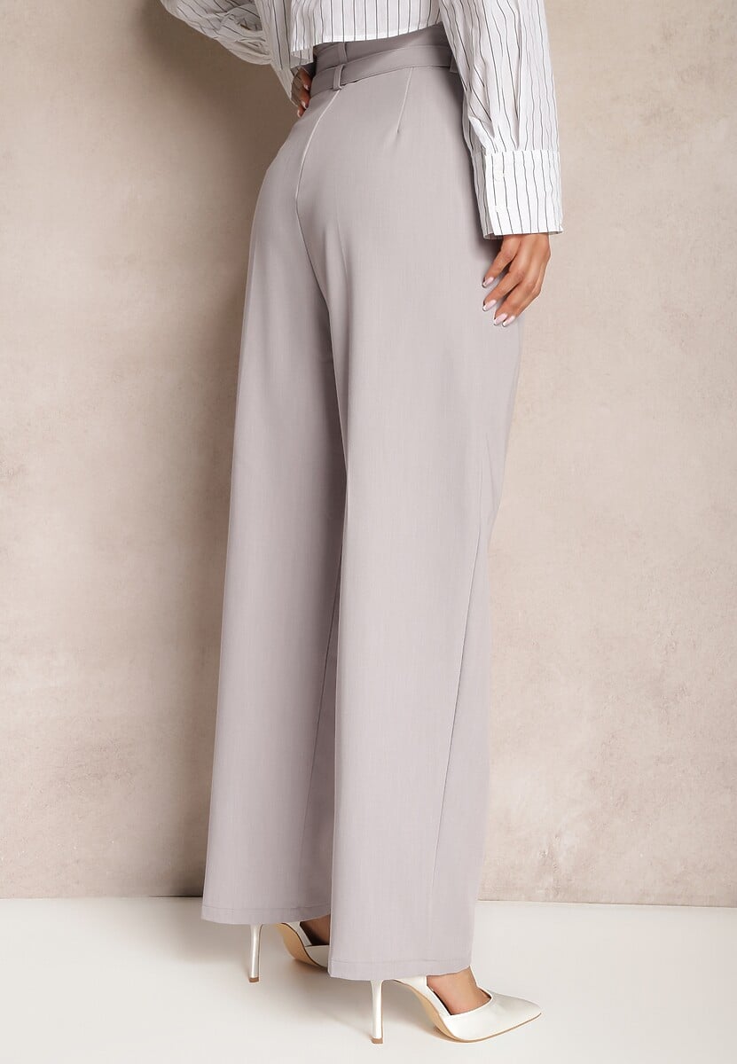 Pantaloni Gri High Waist Stil Costum cu Curele și Catarame Daklena 3