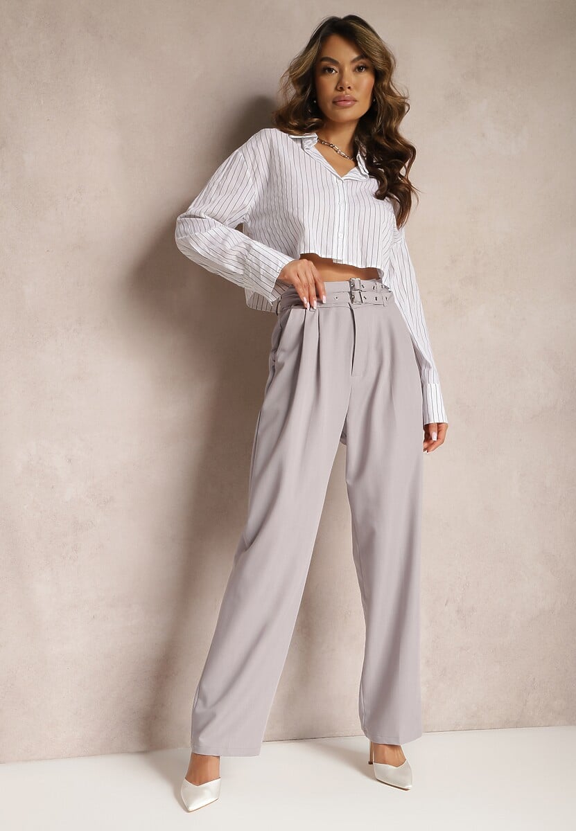 Pantaloni Gri High Waist Stil Costum cu Curele și Catarame Daklena 1