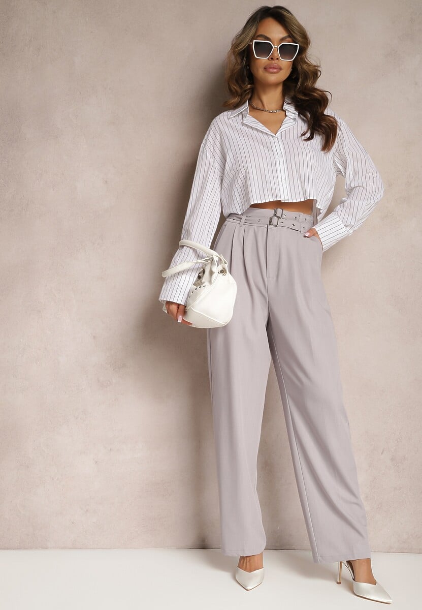 Pantaloni Gri High Waist Stil Costum cu Curele și Catarame Daklena 2
