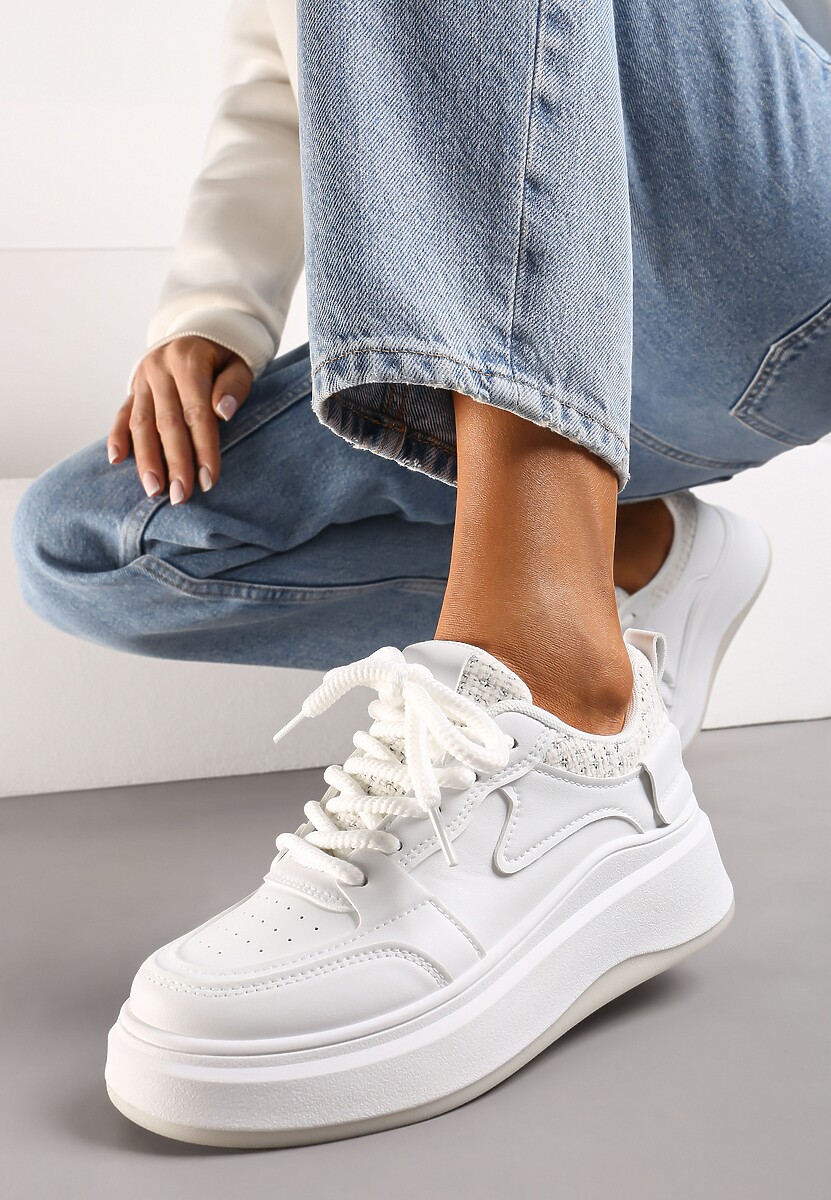 Sneakerși Alb-Bej pe Platformă până la Gleoznă cu Cusături Decorative Arsicada 1