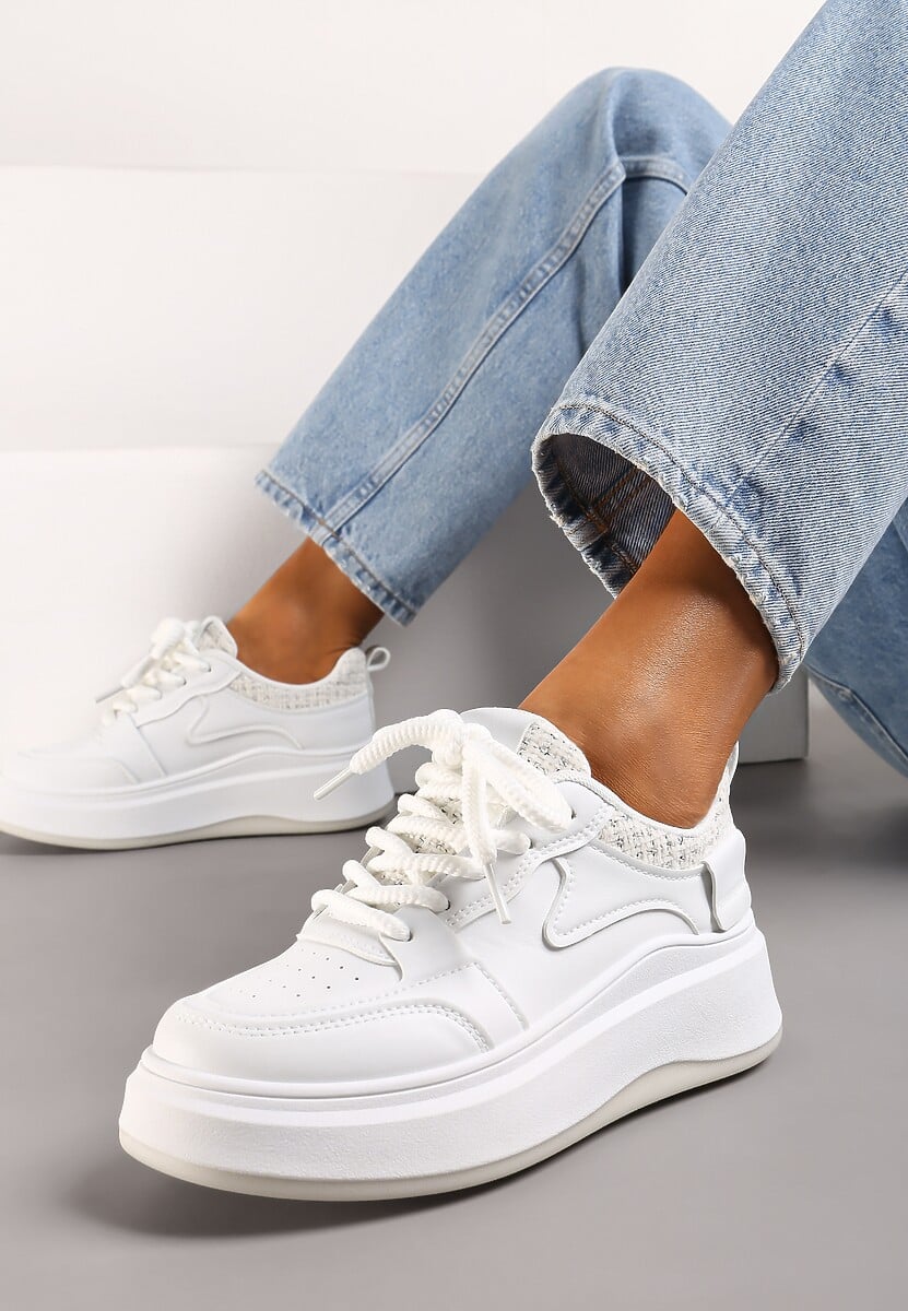 Sneakerși Alb-Bej pe Platformă până la Gleoznă cu Cusături Decorative Arsicada 2