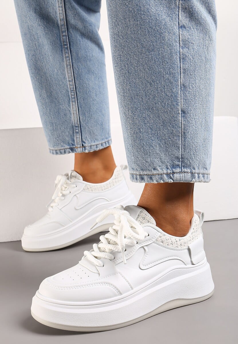 Sneakerși Alb-Bej pe Platformă până la Gleoznă cu Cusături Decorative Arsicada 3