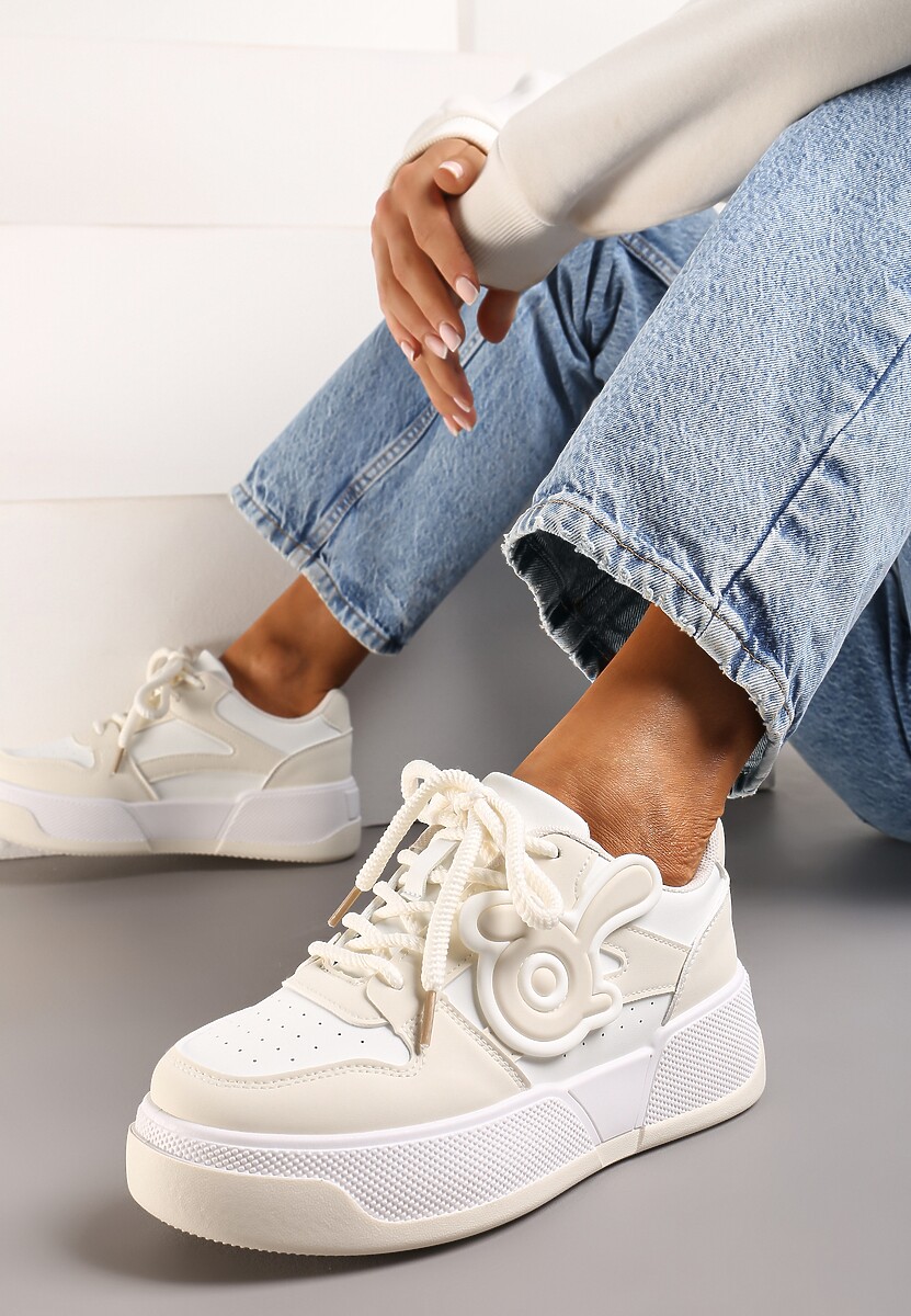 Sneakers Albi-Bej pe Platformă Joasă cu Ornament Reliefat Irasa 1