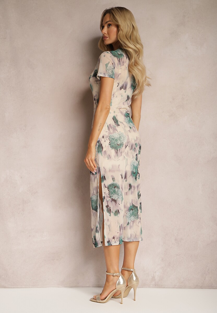 Rochie Bej-Verde Conică din Material Transparent Sacoma 3