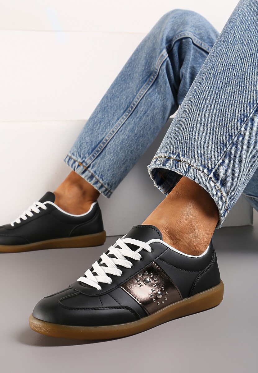 Sneakerși Negri cu Talpă Plată cu Șiret și Inserție Decorativă Drukesti 1