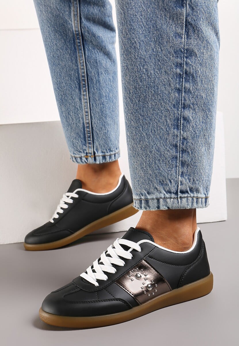 Sneakerși Negri cu Talpă Plată cu Șiret și Inserție Decorativă Drukesti 2