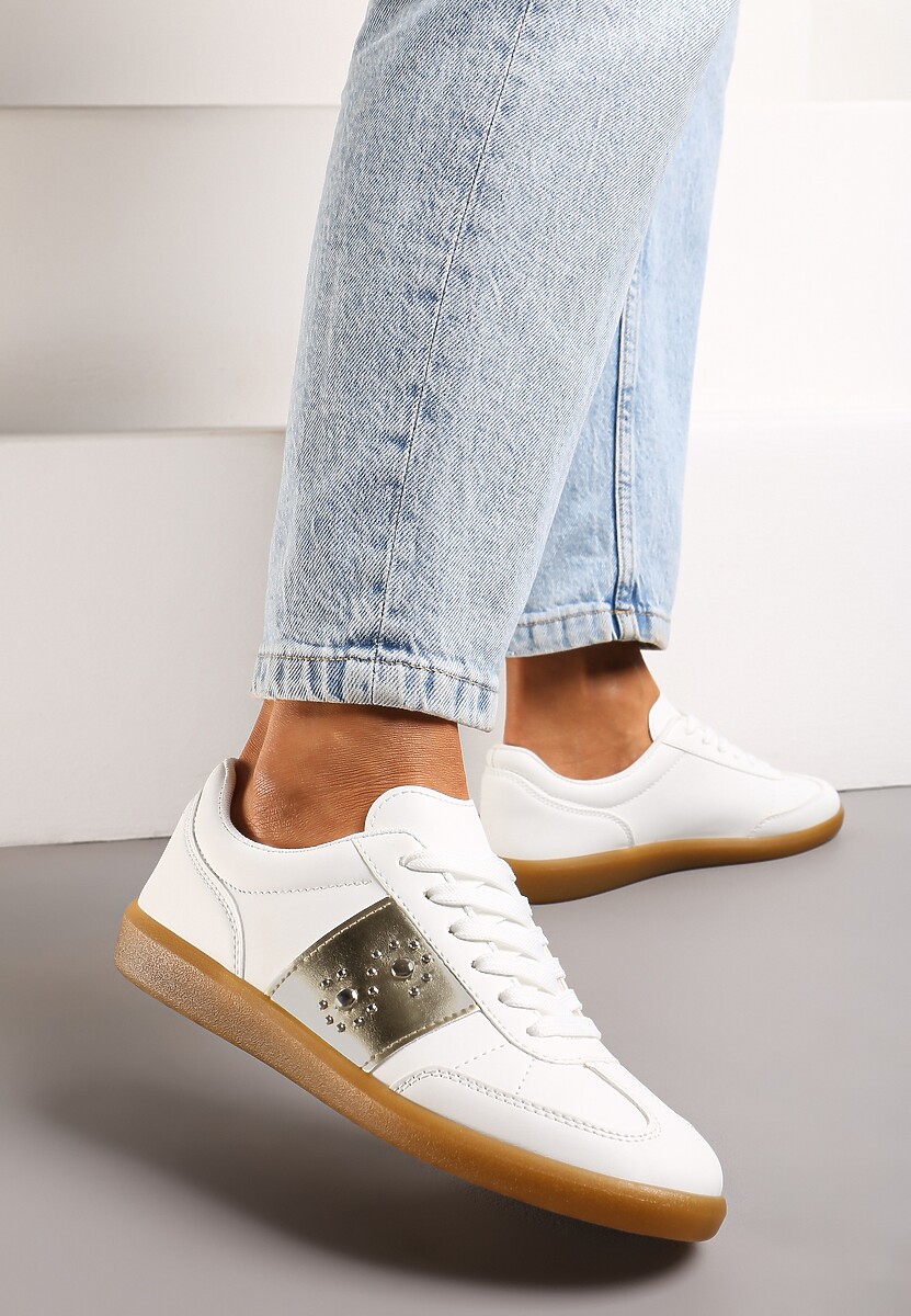 Sneakerși Alb-Aurii cu Talpă Plată cu Șiret și Inserție Decorativă Drukesti 2