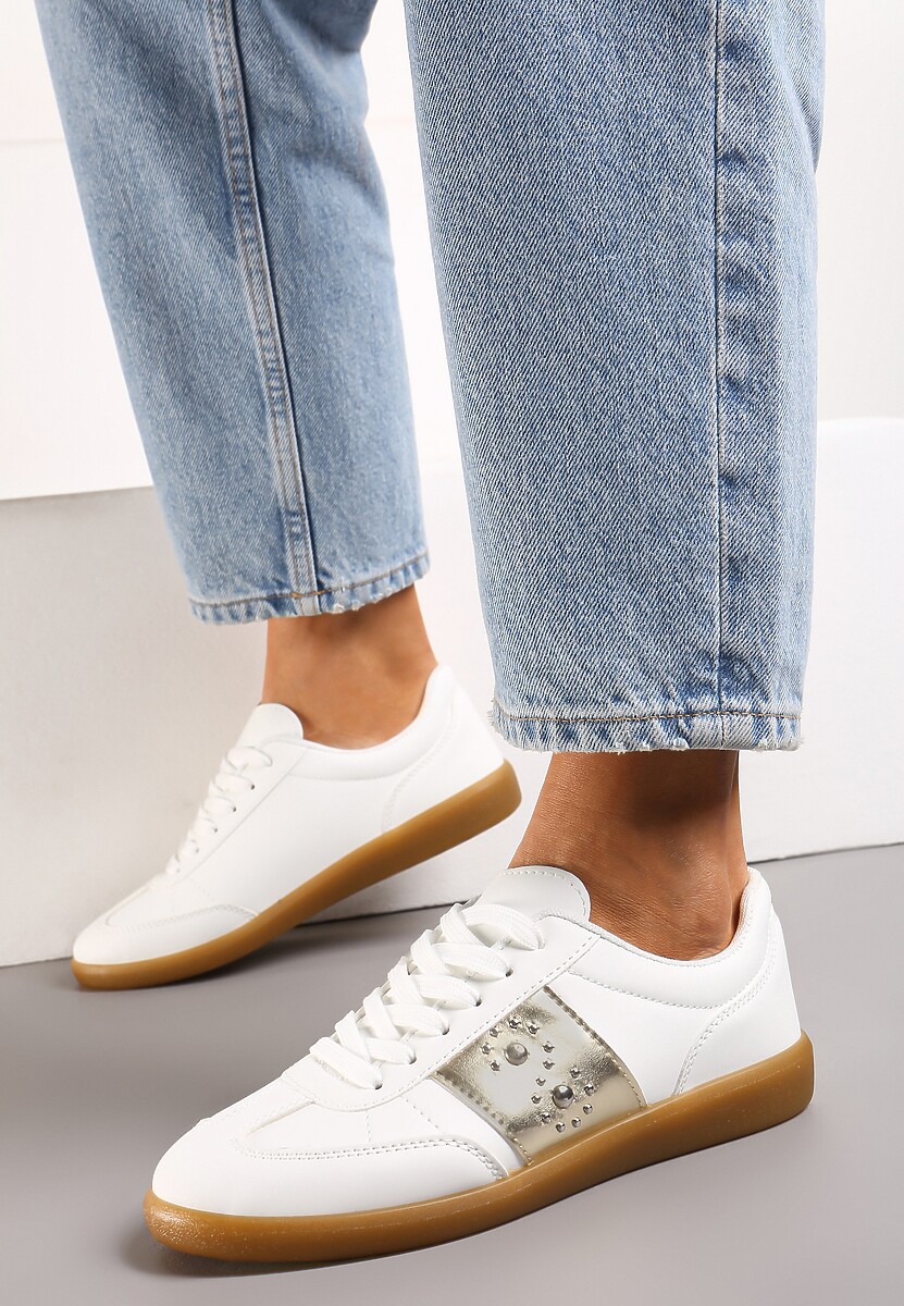 Sneakerși Alb-Aurii cu Talpă Plată cu Șiret și Inserție Decorativă Drukesti 3